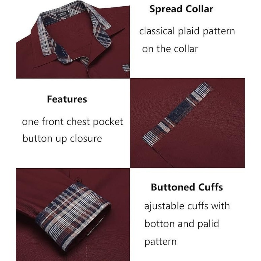 Coofandy Men's Long Sleeve Plaid Collar Button Down Dress Shirt - Wine Red - L - Picture 3 of 3